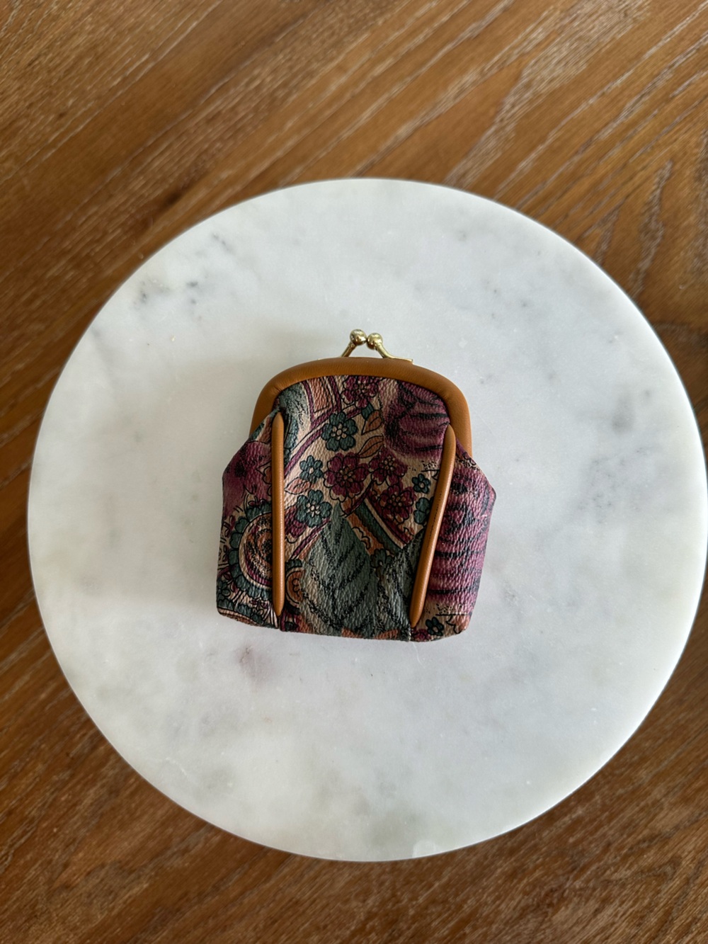 Floral Pattern Coin Purse with Tan Trim